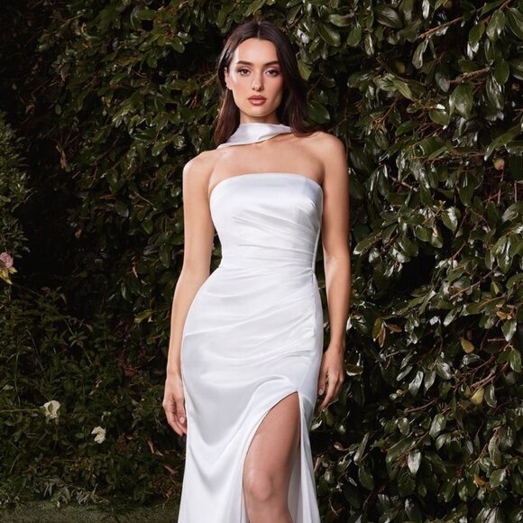 NEW FORMAL SHEATH SLEEVELESS STRAPLESS OFF WHITE SATIN WEDDING DRESS CD 7451W